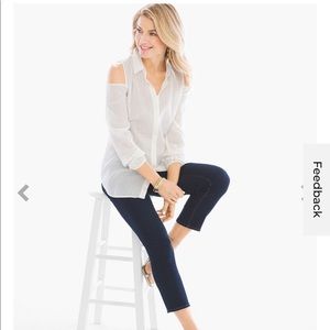 Chicos Shimmer Stripe Button Down Cold Shoulder Blouse